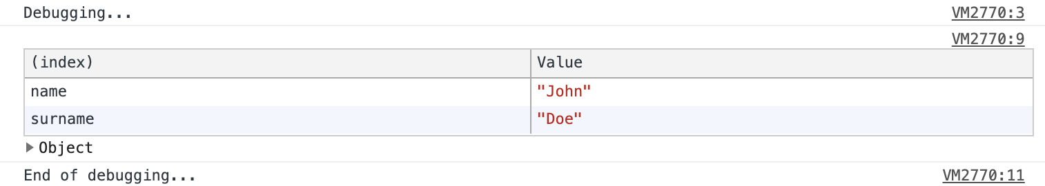 Console.table output