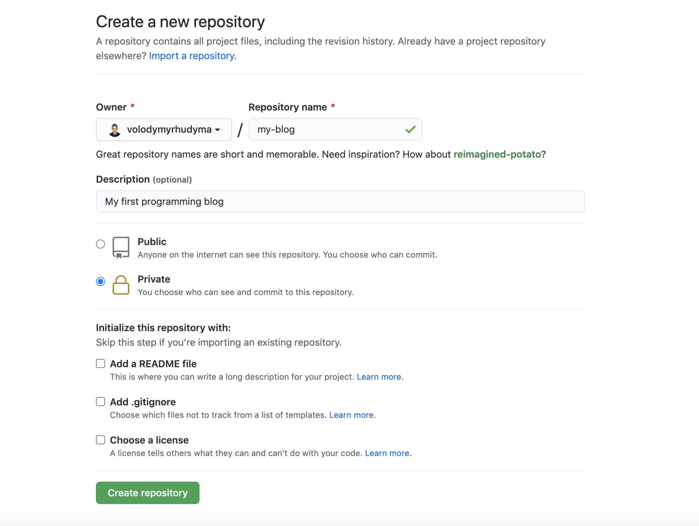 Create Github Private Repository